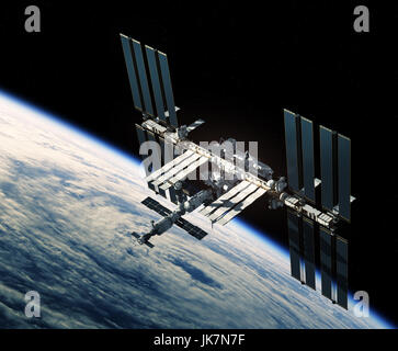 Flug der internationalen Raumstation ISS über den Hurrikan. 3D Illustration. Stockfoto