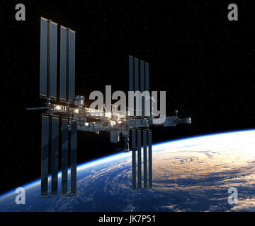 Flug der internationalen Raumstation ISS über die Erde. 3D Illustration. Stockfoto