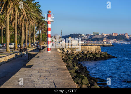 Palmen und kleinen Leuchtturm auf einer Promenade von Foz Douro Bezirk von Porto Stadt, zweitgrößte Stadt in Portugal Stockfoto