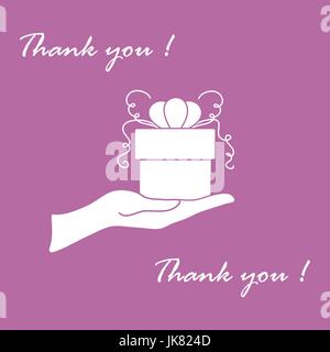 Niedliche Bild mit Hand, ein Geschenk und eine Inschrift: Ich danke Ihnen auf einem farbigen Hintergrund. Stock Vektor
