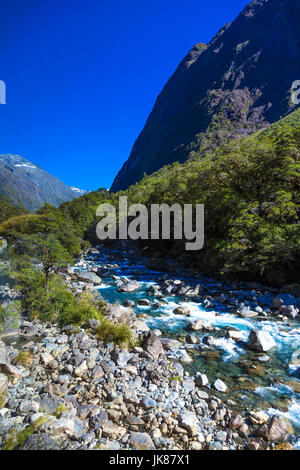 Eiszeitliche Fluss über Felsen im Tal fliesst, Hollyford River, Südinsel, Neuseeland Stockfoto