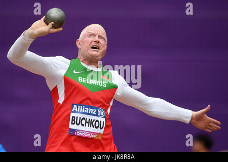 Yury Buchkou aus Weißrussland tritt am neunten Tag der Leichtathletik-Weltmeisterschaften 2017 im London Stadium beim F12-Finale der Männer mit Kugelschuss an. DRÜCKEN SIE VERBANDSFOTO. Bilddatum: Samstag, 22. Juli 2017. Siehe PA-Geschichte ATHLETICS Para. Der Bildnachweis sollte lauten: Victoria Jones/PA Wire. Stockfoto