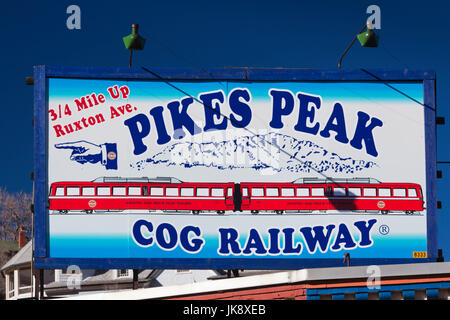 Melden Sie Pikes Peak Cog Railway, Manitou Springs, Colorado, USA Stockfoto