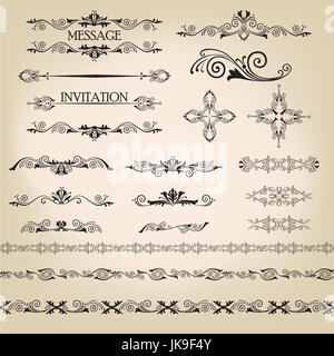 Kalligraphischen Schnörkel-Design-Elemente. Seite Dekoration Doodle Vignette im retro-Stil festgelegt. Elegante Vintage Grenzen und Trennwände für Grußkarte, ret Stockfoto