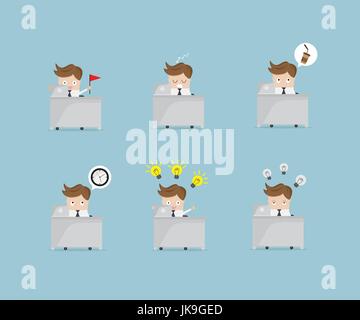 Satz von Geschäftsmann arbeiten bei Arbeit Schreibtisch-Cartoon-Vektor-illustration Stock Vektor