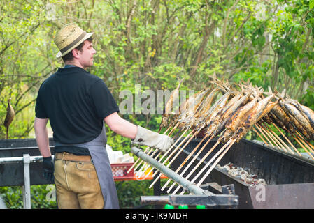 Junger Mann rührende Fisch am Stiel wie Forelle, Saibling oder Felchen über glühende Kohle vom Grill ist ein traditioneller Grill Essen in Bayern, Deutschland Stockfoto