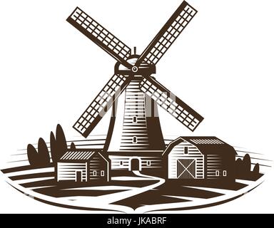 Mühle, Mühle Logo oder Label. Bauernhof, Landschaft, Landwirtschaft, Bäckerei, Brot-Symbol. Vintage Vektor-illustration Stock Vektor