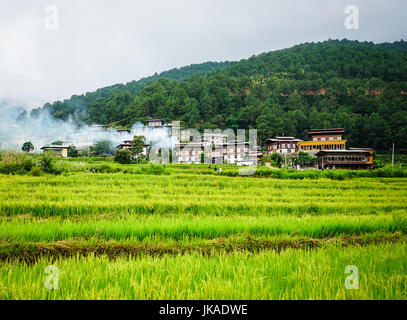 Terrassenförmig angelegten Ackerland mit Reisfeld im Sopsokha Village, Bhutan. Landwirtschaft hat eine dominierende Rolle in Bhutan Wirtschaft. Stockfoto