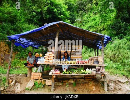 Thimphu, Bhutan - 30. August 2015. Leute verkaufen Obst auf Bergstraße in Thimphu, Bhutan. Thimphu ist die Hauptstadt und größte Stadt des Königreichs von B Stockfoto