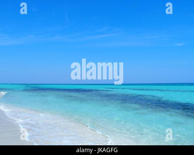 Sandstrand am karibischen Meer in VARADERO Stadt in Kuba mit klarem Wasser auf Küstenlandschaft und exotischen Palmen und Bäume, blauen Himmel in 2017 Tag klar. Stockfoto