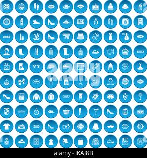 100 Frau shopping Icons set blau Stock Vektor