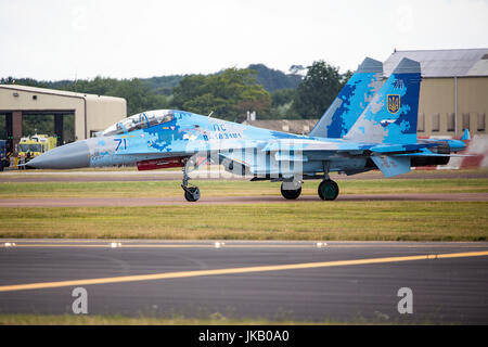 Su-27 Flanker von der ukrainischen Luftwaffe bei der Royal International Air Tattoo 2017 gesehen Stockfoto