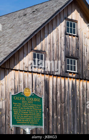 Geburtsort des ehemaligen US-Präsident Calvin Coolidge, 30. US-Präsident, Scheune und Plaque, Plymouth, Vermont, USA Stockfoto