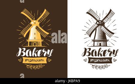 Mühle, Windmühle Logo oder Label. Bäckerei, Backhaus, Brot-Symbol. Schriftzüge, Kalligraphie Vektor-illustration Stock Vektor