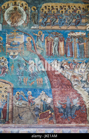 Rumänien, Bucovina Region Bukowina Klöster, Voronet, das Kloster Voronet, 15. Jahrhundert, religiöse Fresken in Voronet blau, original Lack mit Lapus Lazuli Stein gemacht getan Stockfoto