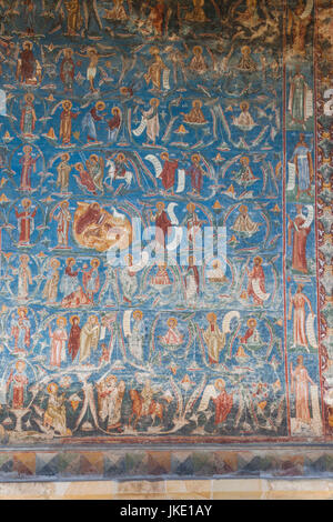Rumänien, Bucovina Region Bukowina Klöster, Voronet, das Kloster Voronet, 15. Jahrhundert, religiöse Fresken in Voronet blau, original Lack mit Lapus Lazuli Stein gemacht getan Stockfoto