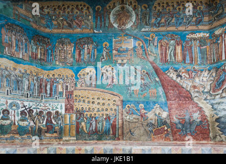 Rumänien, Bucovina Region Bukowina Klöster, Voronet, das Kloster Voronet, 15. Jahrhundert, religiöse Fresken in Voronet blau, original Lack mit Lapus Lazuli Stein gemacht getan Stockfoto