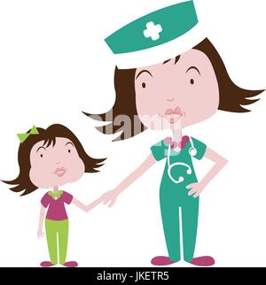 Eine Krankenschwester oder Arzt hält ein Kind an die Hand, um ihn zu beruhigen und erklären die Pflege Stock Vektor