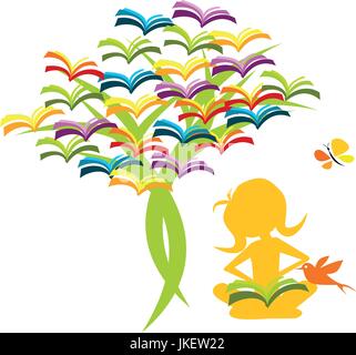 Ein Kind liest ein Buch unter einem Baum mit einem Vogel und einem Schmetterling, für Hausaufgaben oder in der Freizeit Stock Vektor