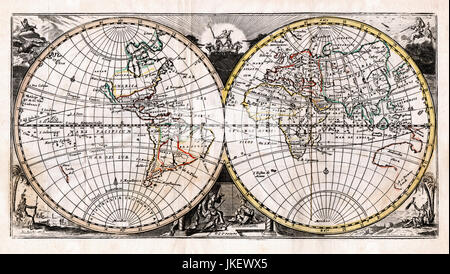 1725 Afferden Weltkarte in Hemisphären Stockfoto