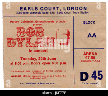 Ticket-Stub für ein Bob Dlyan Konzert im Earls Court in London, 20. Juni 1978. Stockfoto