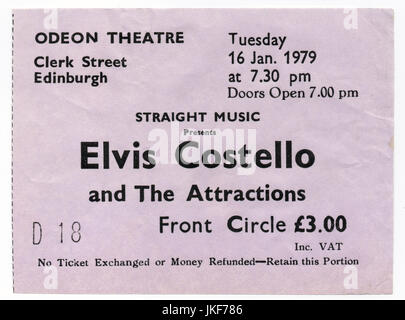 Ticket-Stub für ein Elvis Costello und The Attraktionen Konzert im Odeon Theater in Edinburgh, 16. Januar 1979. Stockfoto