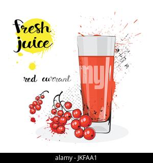 Rote Johannisbeere Saft frisch handgezeichnete Aquarell Obst und Glas auf weißem Hintergrund Stock Vektor