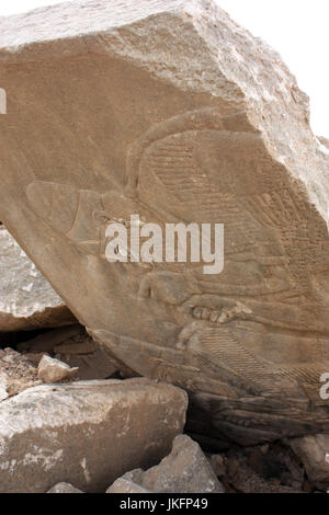 Nimrud, Irak. 11. Mai 2017. Bild des zerstörten Wandbild Reliefs aus der fast 3000 Jahre alten Königspalast in Nimrud im Nordirak genommen 11 Mai 2017. Foto: Jan Kuhlmann/Dpa/Alamy Live News Stockfoto