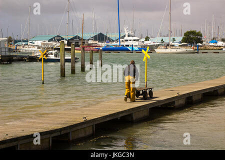 Ein Crew-Mitglied schiebt einen Buggy auf einem schwimmenden Ponton am Hafen in Warsash in Hampshire, da er hilft, ein Trawler entladen Stockfoto