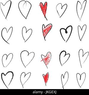 Eine Kollektion von 20 handgezeichneten Herzen mit schwarzen Umrissen und leuchtend roten Füllungen, die künstlerische Einfachheit und Charme zeigen. Stock Vektor