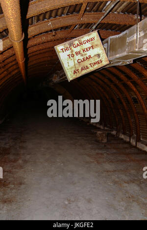 Das alte Trentham Tunnelsystem, fotografiert im Jahr 2007, die unter Austin Rover Auto Stammwerk in Longbridge, Birmingham, UK gestreckt. Es ist 386 Meter lang und erstreckt sich von Lickey Straße über die Eisenbahn auf der gegenüberliegenden Seite der Fabrik. Im zweiten Weltkrieg diente es als Luftschutzkeller und eine provisorische Leichenhalle. Nach dem Krieg wurde es verwendet, um Prototypen zu bewegen, ohne gesehen zu werden und um Fahrzeuge vor einem großen Feuer zu speichern traf es in den 1970er Jahren. Es wurde versiegelt geschlossen. Es ist in vielen Teilen überflutet und verwendet, um einen Mini 1275 GT mit nur 11 Meilen auf dem Tacho zu enthalten, bis es im Jahr 2012 entfernt wurde. Stockfoto