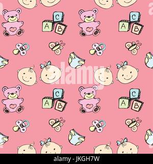 Nahtlose Muster ein neugeborenes Baby und Kinder Artikel. Nahtlose Muster kann verwendet werden, für Musterfüllungen, Webseite Hintergründe, Hintergrundbilder, Oberfläche text Stock Vektor
