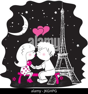 männliche und weibliche Liebhaber Küssen auf einer Bank in der Nacht, Paris Eiffelturm, Vektor-illustration Stock Vektor