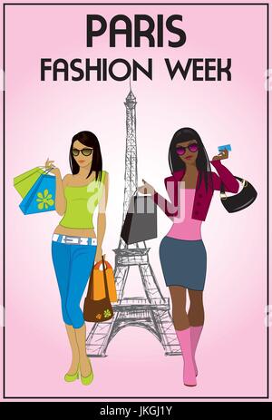 Zwei shopping Mädchen in Paris Fashionweek Vektor-illustration Stock Vektor