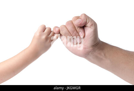 Vater und Tochter hand zu versprechen als Freundschaft Konzept isoliert auf weißem Hintergrund Stockfoto