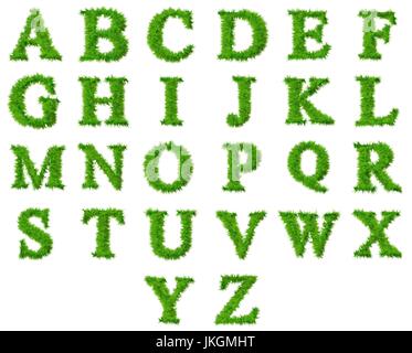 Konzeptionelle Set Sammlung von grünem Gras, Öko-Schrift isoliert auf weißem Hintergrund, ideal für Natur, Sommer, Frühling, Alphabet, Ökologie, Umwelt Stockfoto