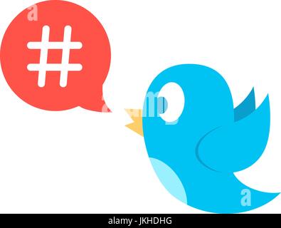 Hashtag Symbol in rote Sprechblase mit blauen Vogel Stock Vektor