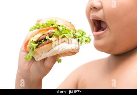 Hausgemachte Schweinefleisch Hamburger übergewichtige Dicke Hand, Konzept Junk-Food und Ernährung Stockfoto