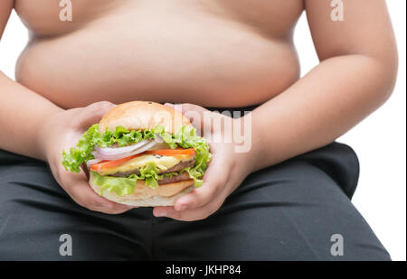 Hausgemachte Schweinefleisch Käse Hamburger in fettleibige Dicke hand isolierten auf weißen Hintergrund Stockfoto