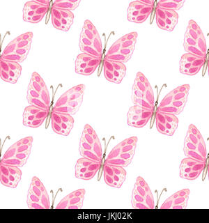 Handgezeichnete Aquarell nahtloses Muster mit rosa Schmetterlingen auf weißem Hintergrund Stockfoto