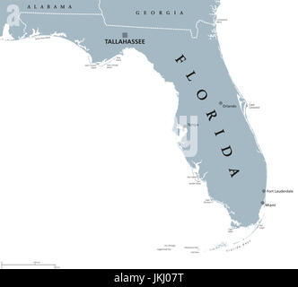 Florida politische Karte mit Hauptstadt Tallahassee. Geben Sie in der südöstlichen Region der Vereinigten Staaten, grenzt an den Golf von Mexiko. Abbildung. Stockfoto