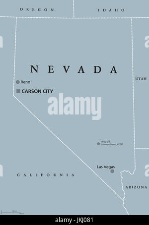 Nevada politische Karte mit Las Vegas, Reno und Hauptstadt Carson City. Geben Sie in den Western Mountain West und südwestlichen Regionen der Vereinigten Staaten. Stockfoto