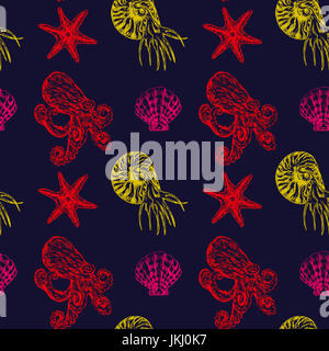 Meer Sterne, Nautilus, Oktopus und Muscheln, nahtlose Muster Design, Hand gezeichnet Doodle, Skizze im Pop Art Stil, dunkelblauen Hintergrund Stockfoto