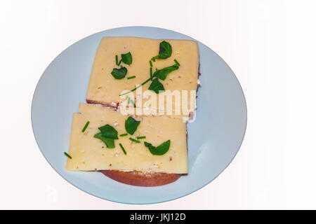 Einfache #cheese Brot mit frischen Kräutern auf einem weißen Teller vor neutralem Hintergrund. Stockfoto