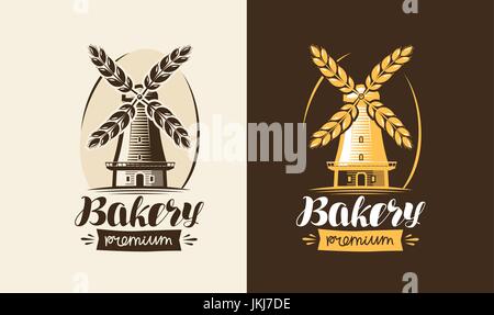 Bäckerei, Backstube Logo oder Label. Mühle, Mühle, Weizen, Brot-Symbol. Schriftzüge, Kalligraphie Vektor-illustration Stock Vektor