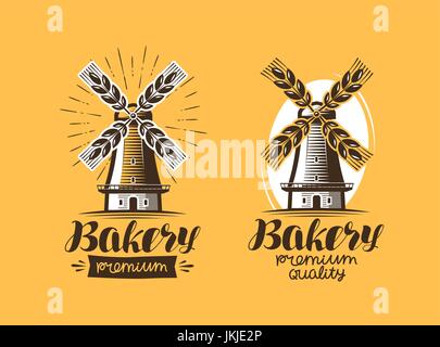 Bäckerei, Backstube Logo oder Symbol. Brot, Mühle, Windmühle Label. Schriftzug-Vektor-illustration Stock Vektor