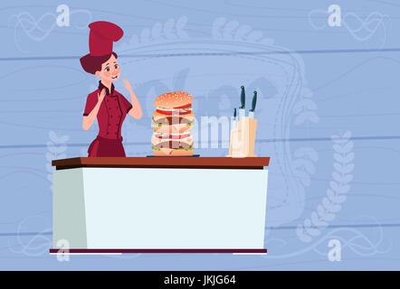 Frau Koch Köchin große Burger Cartoon Chef im Restaurant Uniform über hölzerne strukturierten Hintergrund Stock Vektor