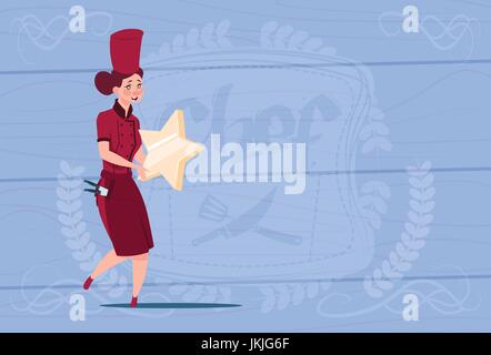 Köchin hält Sterne Best Chef Award glücklich Cartoon Chef im Restaurant Uniform über hölzerne strukturierten Hintergrund Stock Vektor