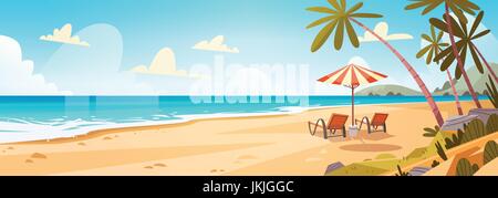 Sommer Urlaub Liegestühle am Strand Landschaft schöne Seelandschaft Banner Urlaub am Meer Stock Vektor