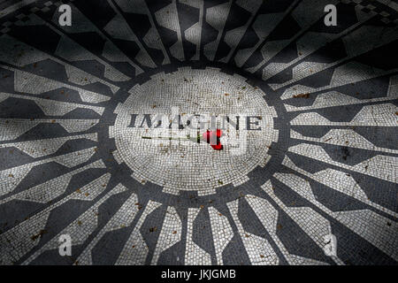 einzelne rote rose auf dem Imagine-Mosaik gewidmet John Lennon im Central Park New York City, USA Stockfoto